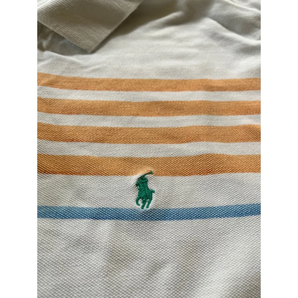 Polo Ralph Lauren Mens XL White Orange Blue Striped Pique Cotton Polo Shirt